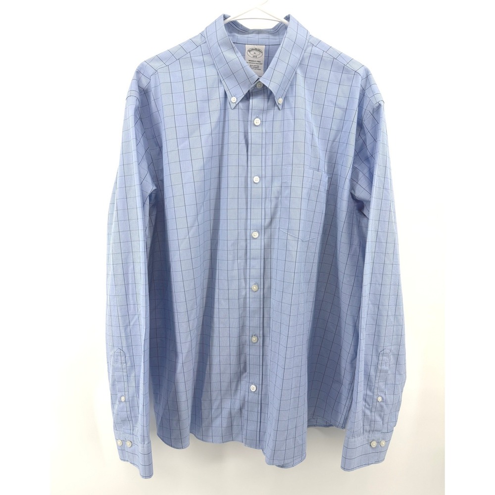 Brooks Brothers 1818 Blue Check Wrinkle Free Dress Shirt Stretch Button Men XL